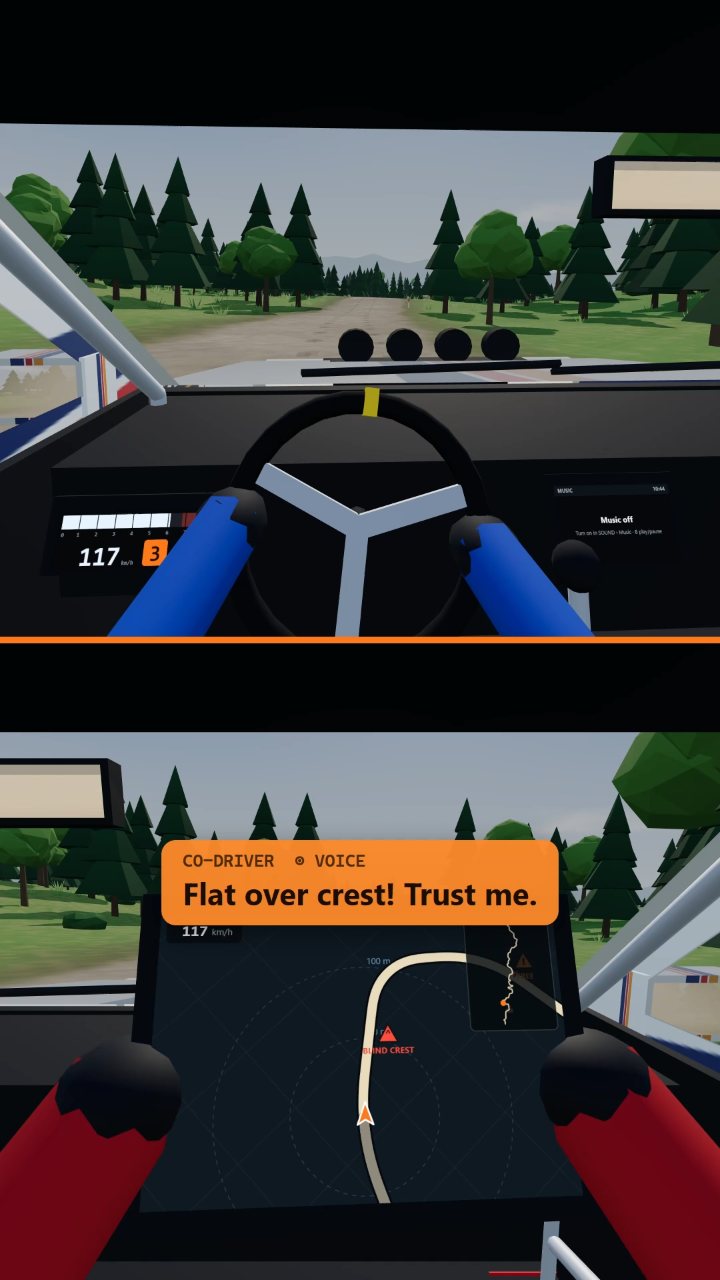 Driver view on top, co-driver reading the map below
